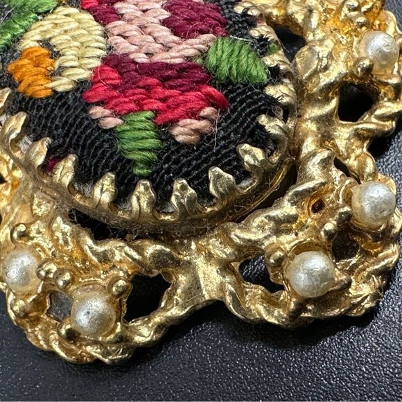 Vintage Dangle Earrings Hobe Embroidered Floral Gold Tone Faux Pearls Flowers - Picture 6 of 9